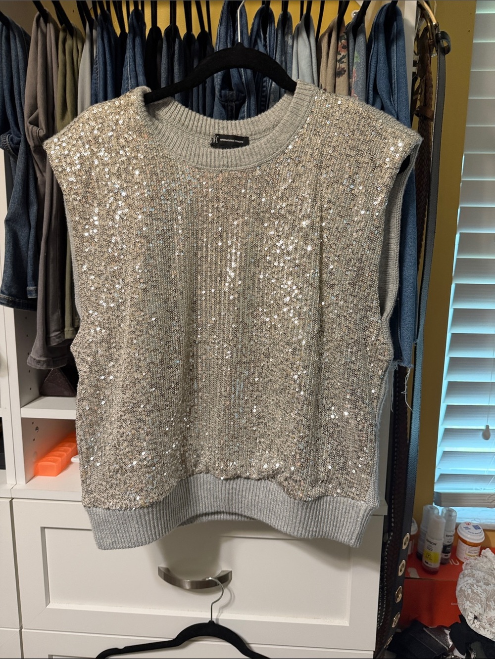 INC International Concepts Silver Sequin Knit Sleeveless Sweater Vest